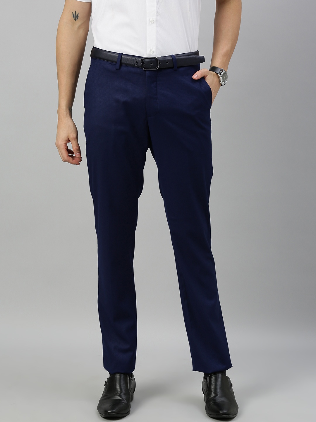 

U.S. Polo Assn. Men Navy Blue Tailored Fit Self Design Formal Trousers