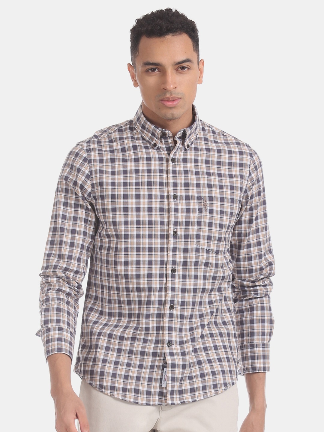 

U.S. Polo Assn. Men Beige Regular Fit Checked Casual Shirt