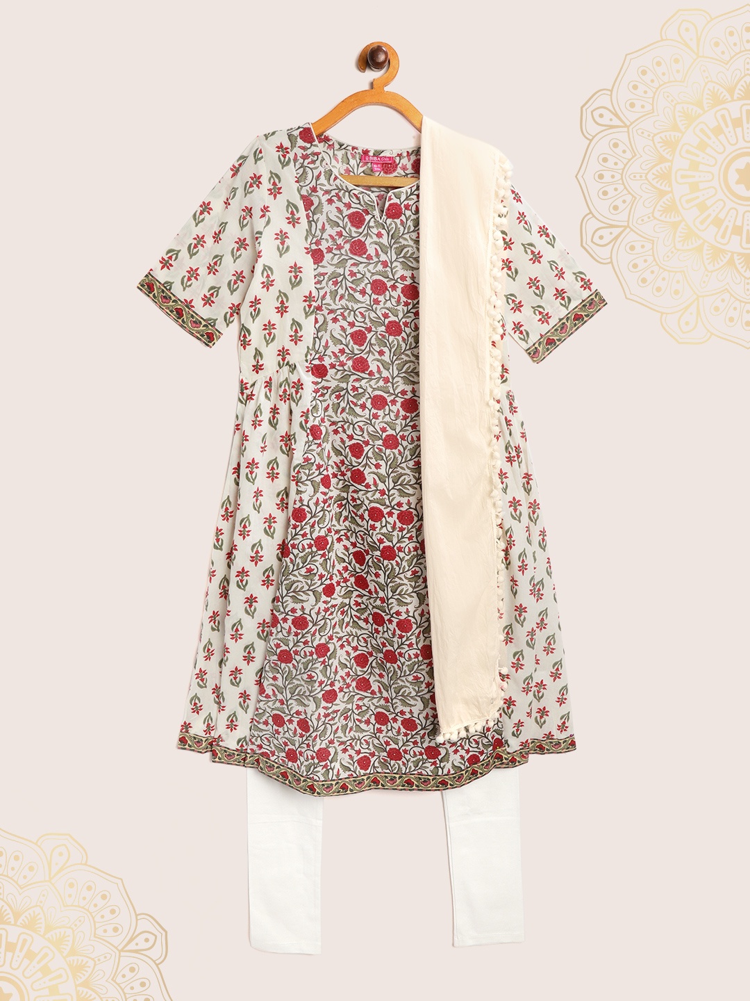 

Biba Girls Cream-Coloured & Olive Green Printed Kurta with Leggings & Dupatta