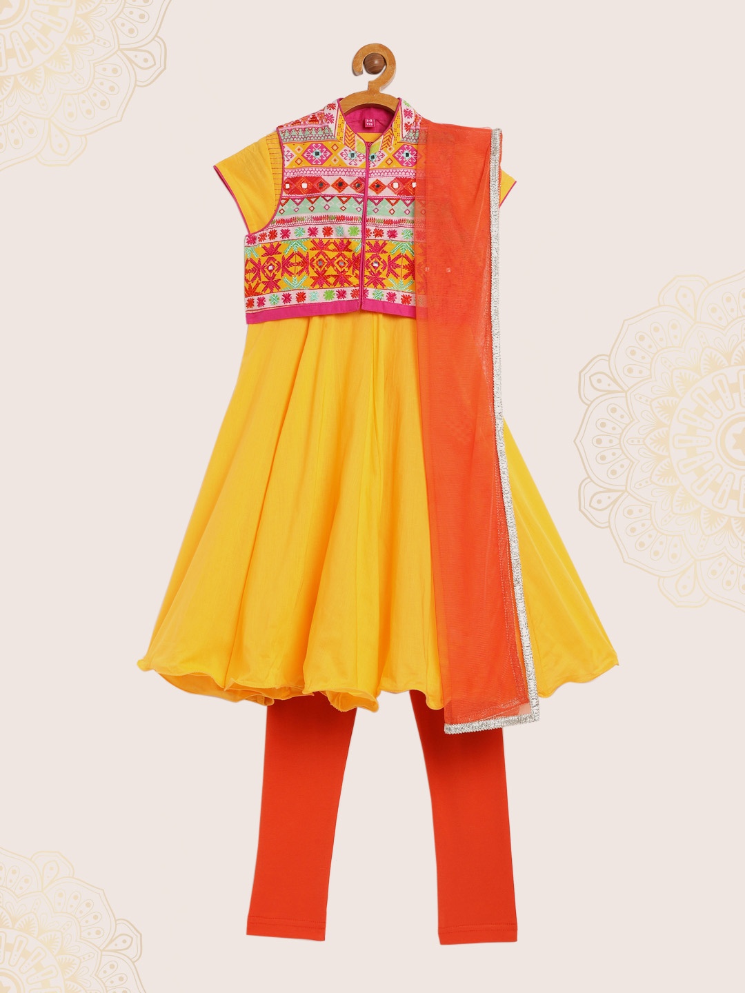 

Biba Girls Yellow & Orange Solid Kurta with Churidar & Dupatta
