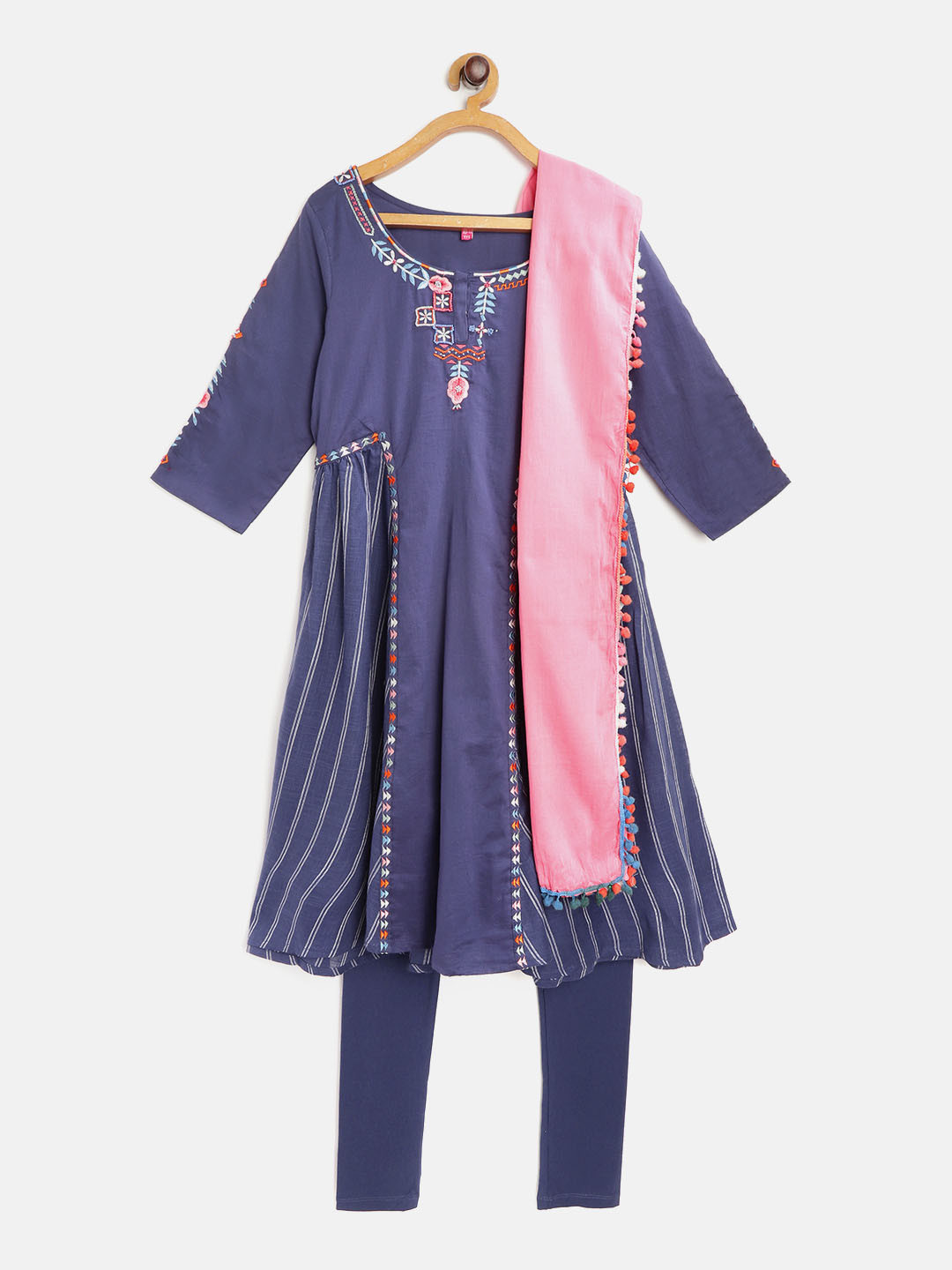 

Biba Girls Blue & White Embroidered Kurta with Churidar & Dupatta