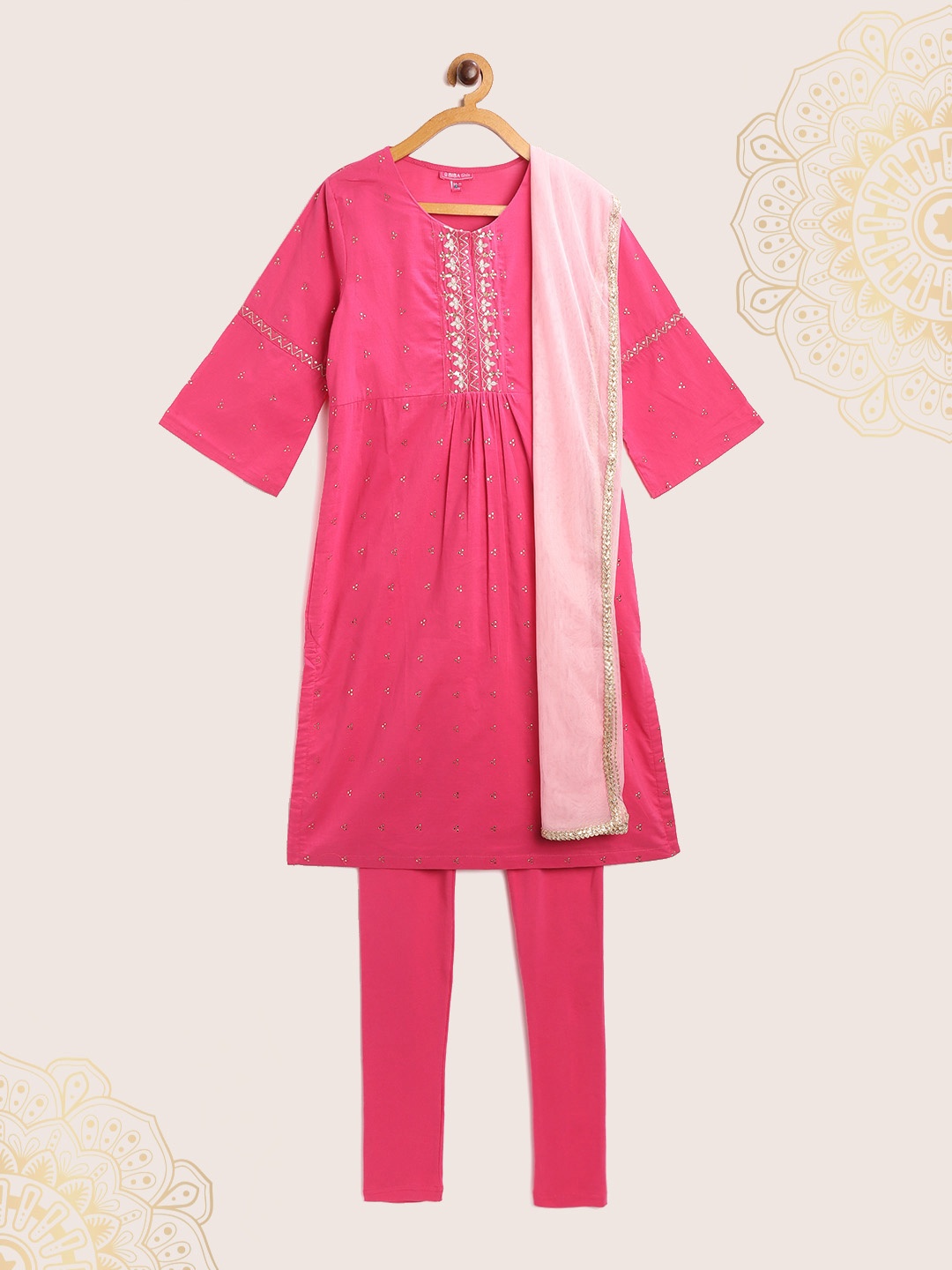 

Biba Girls Pink & Golden Embellished Sequinned Kurta with Leggings & Dupatta