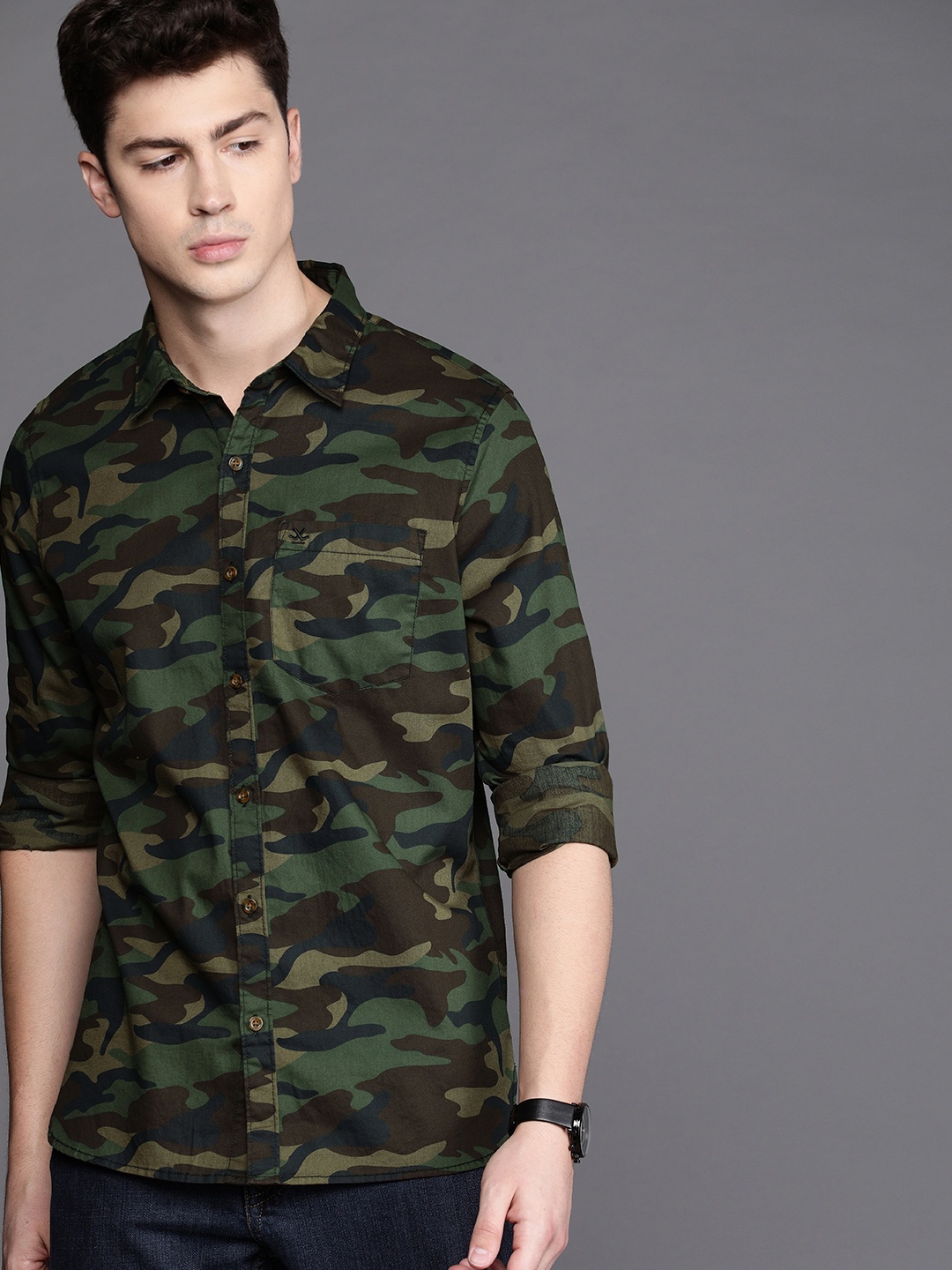 

WROGN Men Green & Brown Slim Fit Camouflage Printed Casual Shirt