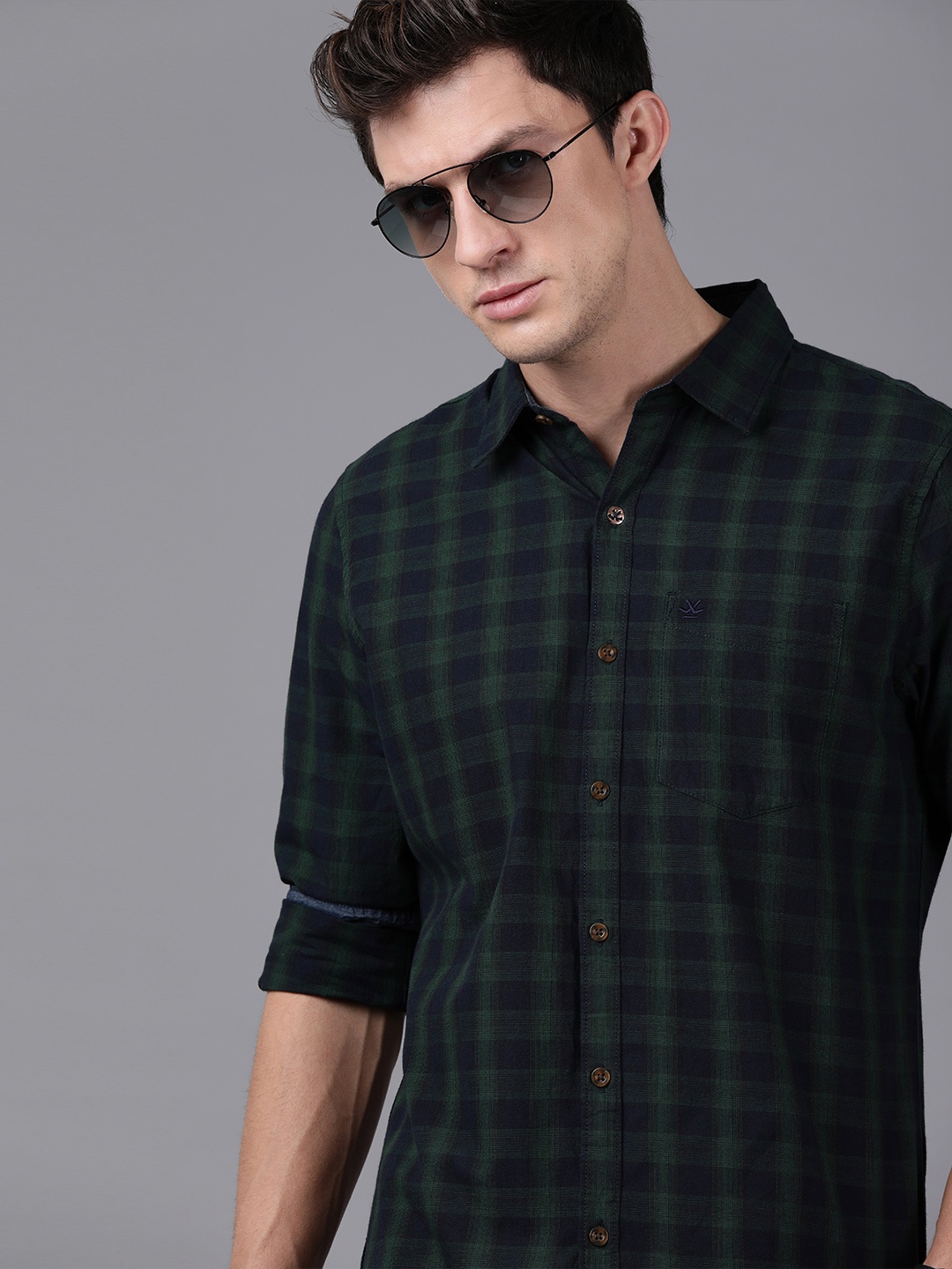 

WROGN Men Green & Navy Blue Slim Fit Checked Casual Shirt