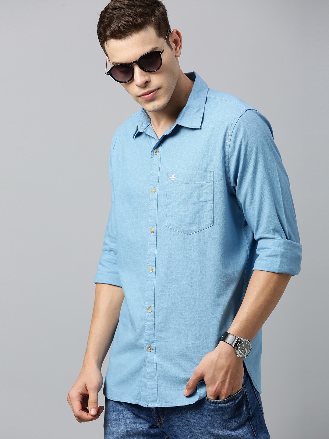 

WROGN Men Blue Slim Fit Solid Casual Shirt