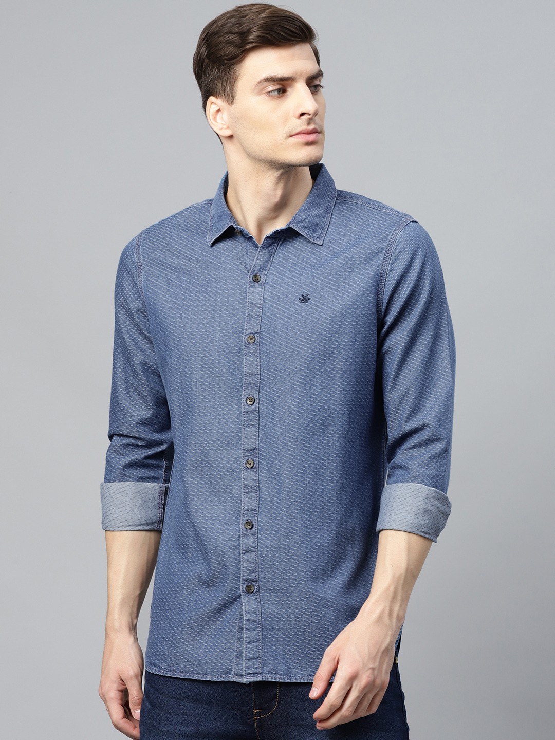 

WROGN Men Blue Slim Fit Self Design Denim Casual Shirt