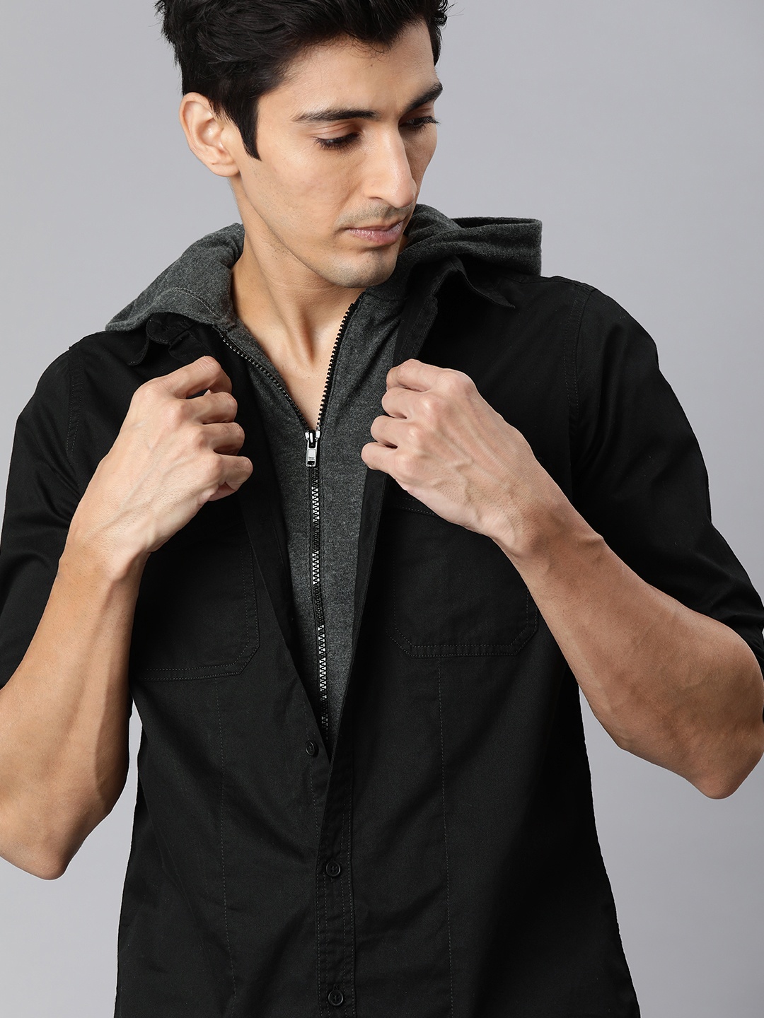

WROGN Men Black Regular Fit Solid Layered Casual Shirt