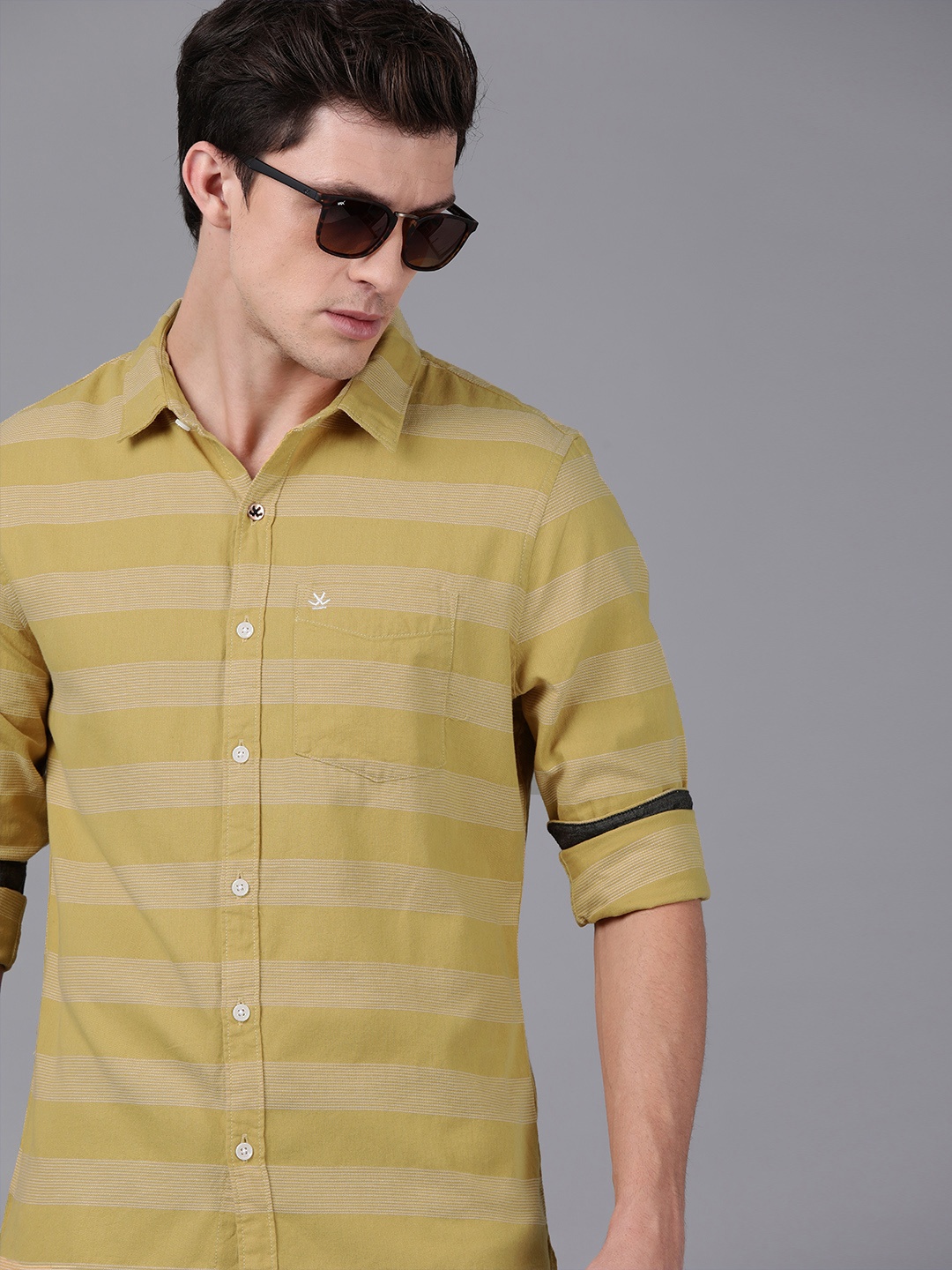 

WROGN Men Mustard Yellow & White Slim Fit Striped Casual Shirt