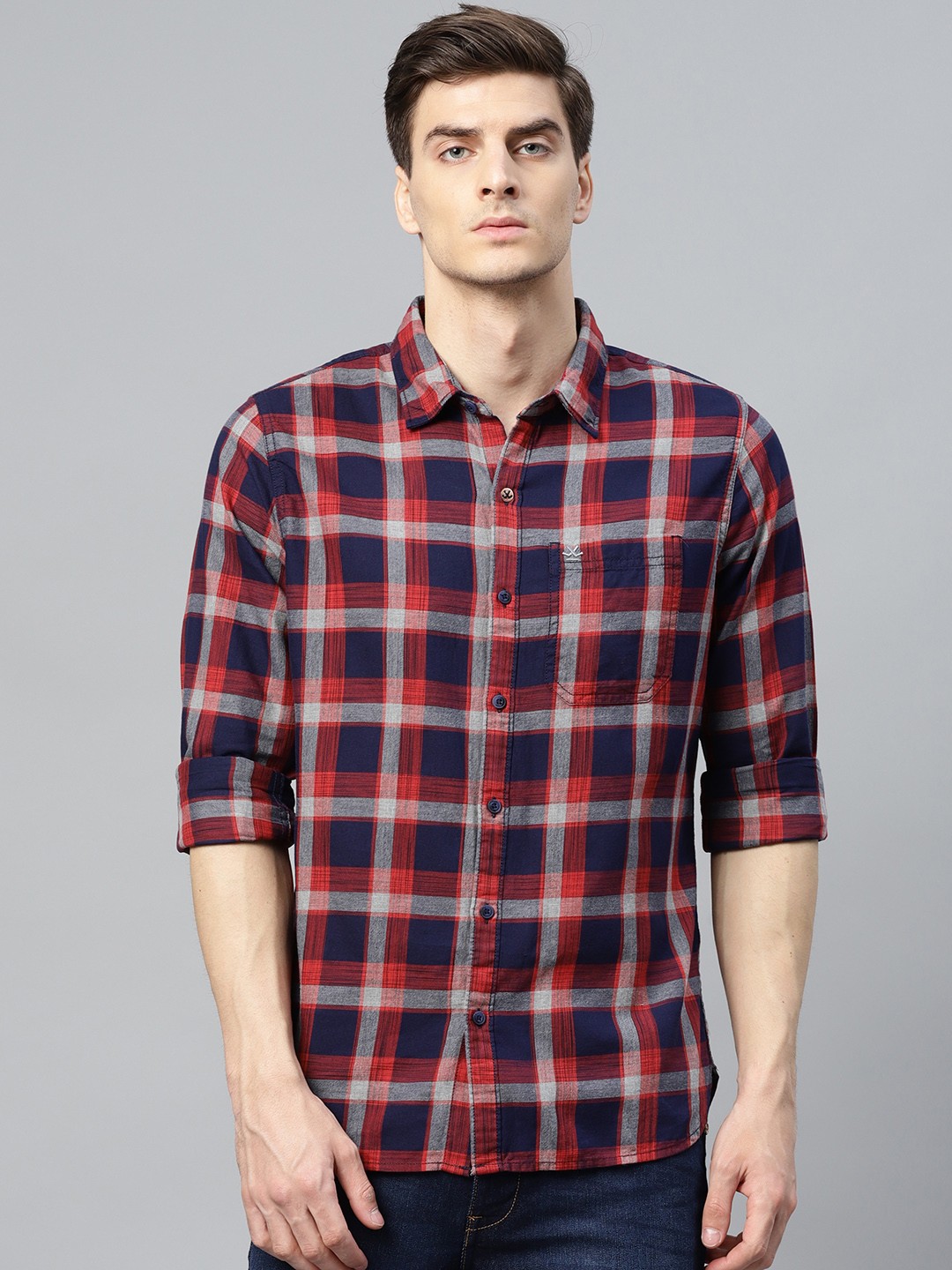 

WROGN Men Red & Navy Blue Slim Fit Checked Casual Shirt