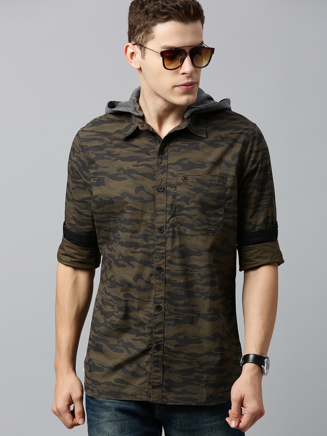 

WROGN Men Olive Green & Black Slim Fit Camouflage Printed Casual Shirt