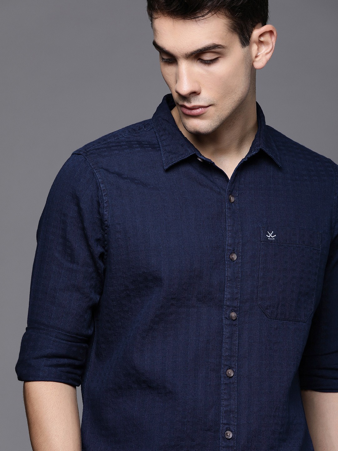 

WROGN Men Navy Blue Slim Fit Self Design Casual Shirt