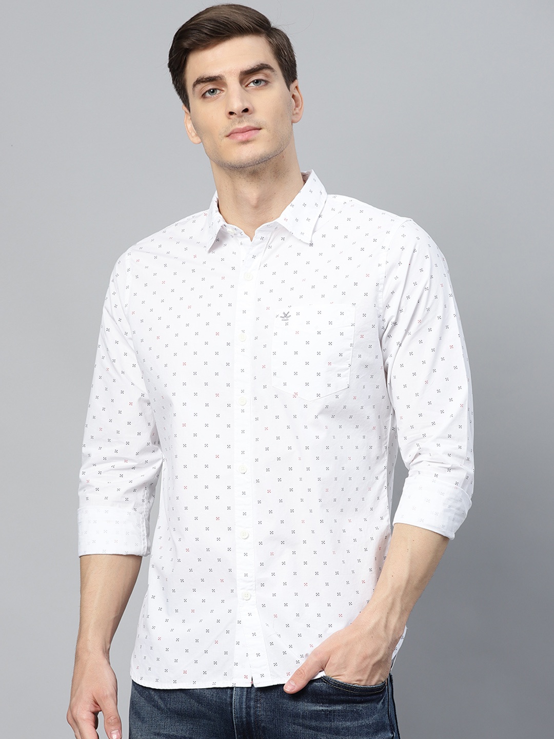 

WROGN Men White & Navy Blue Slim Fit Printed Casual Shirt