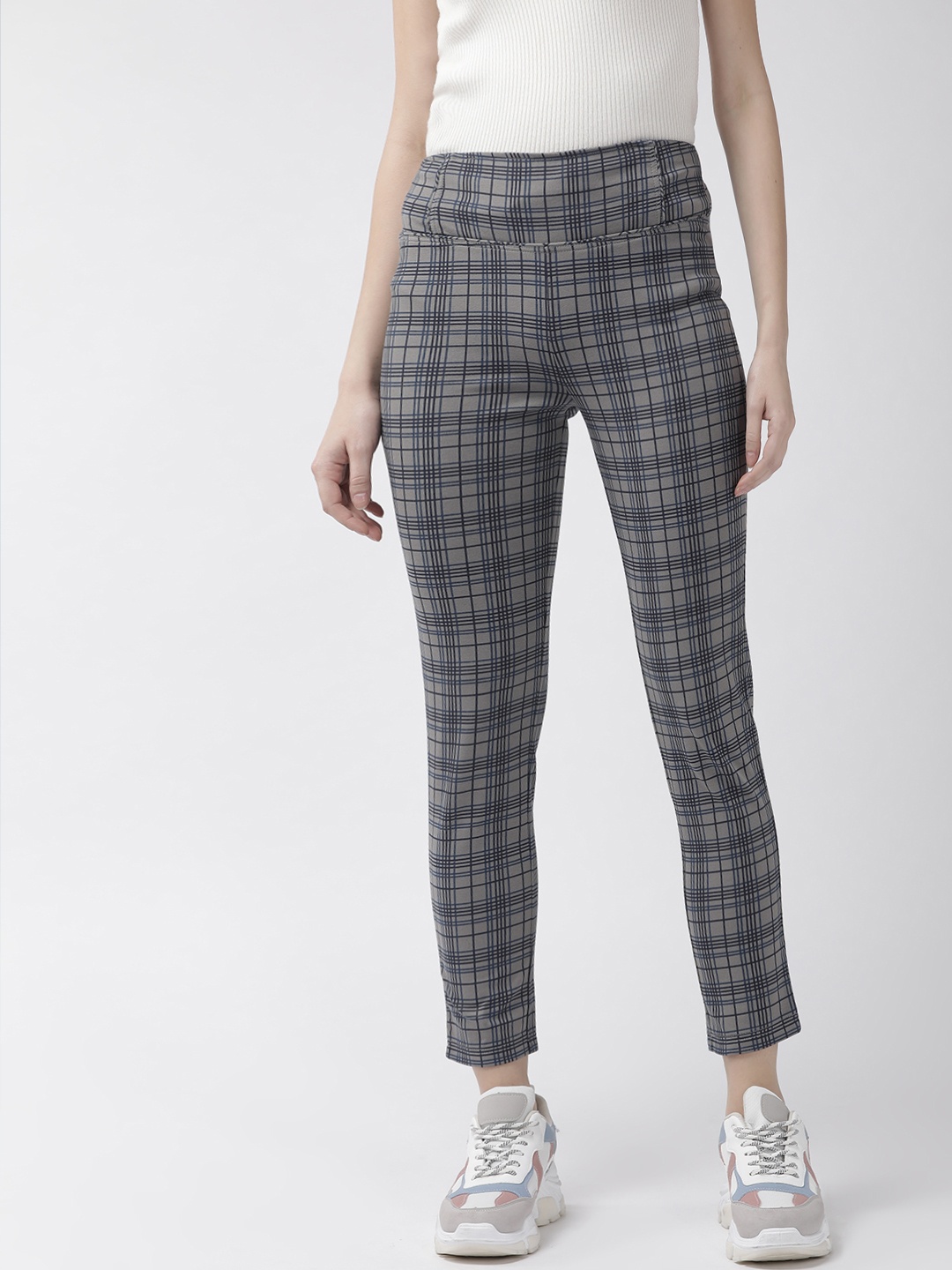 

WISSTLER Women Grey & Blue Skinny Fit Checked Treggings