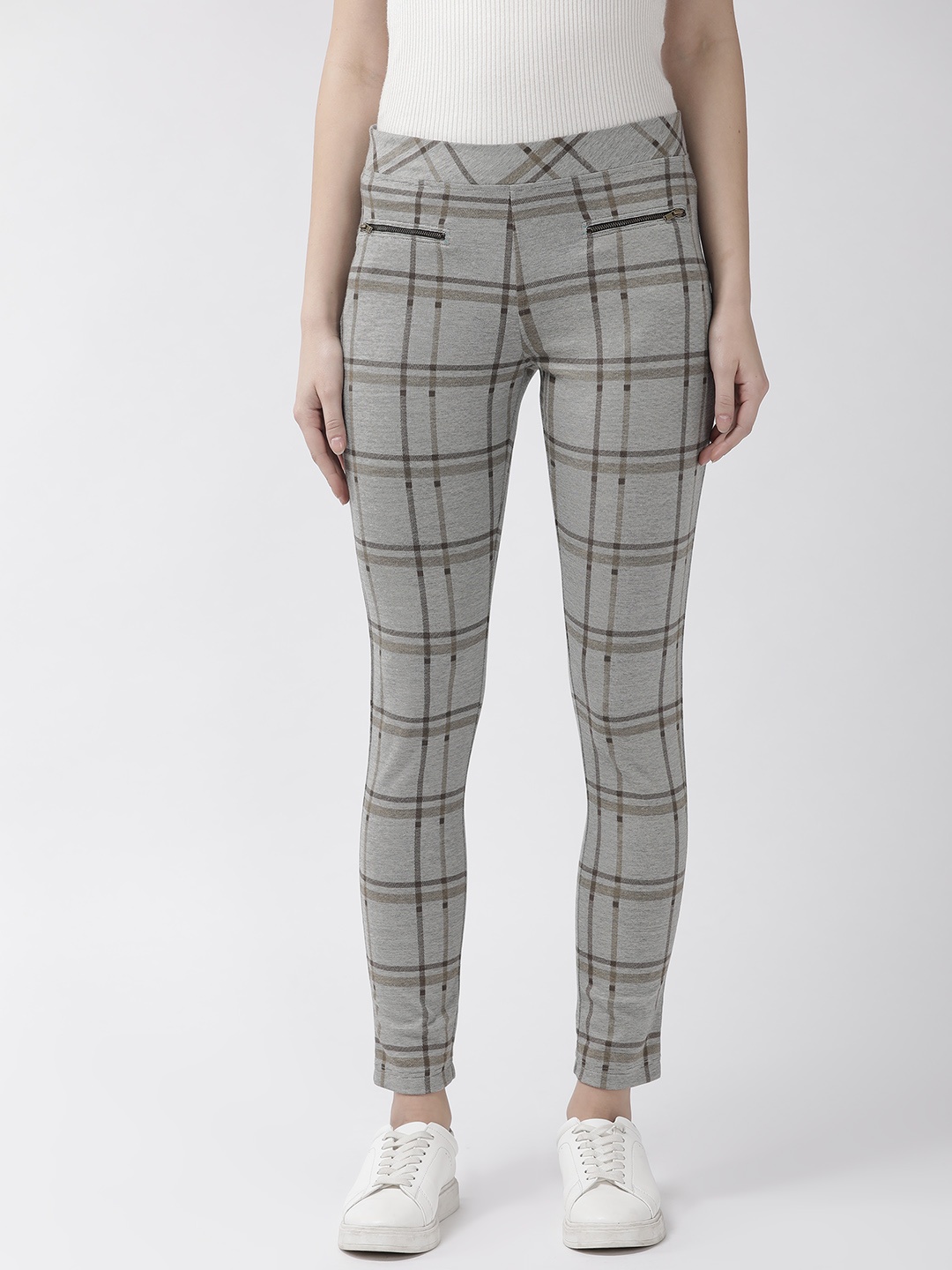 

WISSTLER Women Grey & Brown Skinny Fit Checked Treggings
