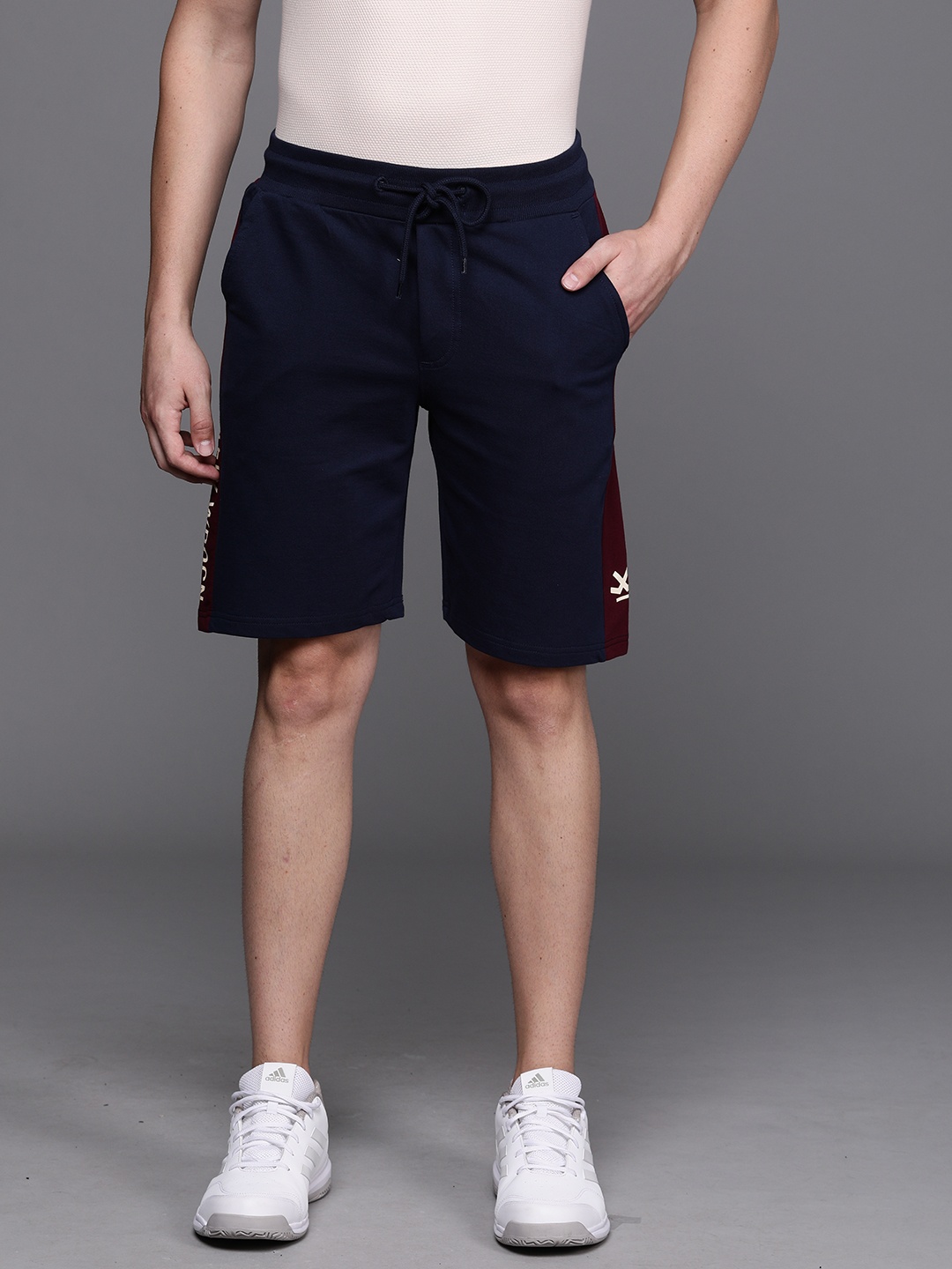 

WROGN Men Navy Blue Solid Slim Fit Regular Shorts with Side Stripes
