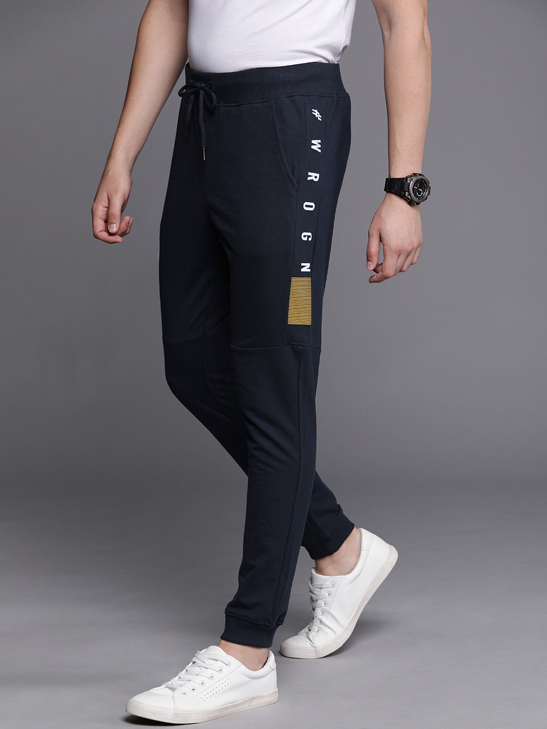 

WROGN Men Navy Blue Solid Slim Fit joggers With Printed Detail