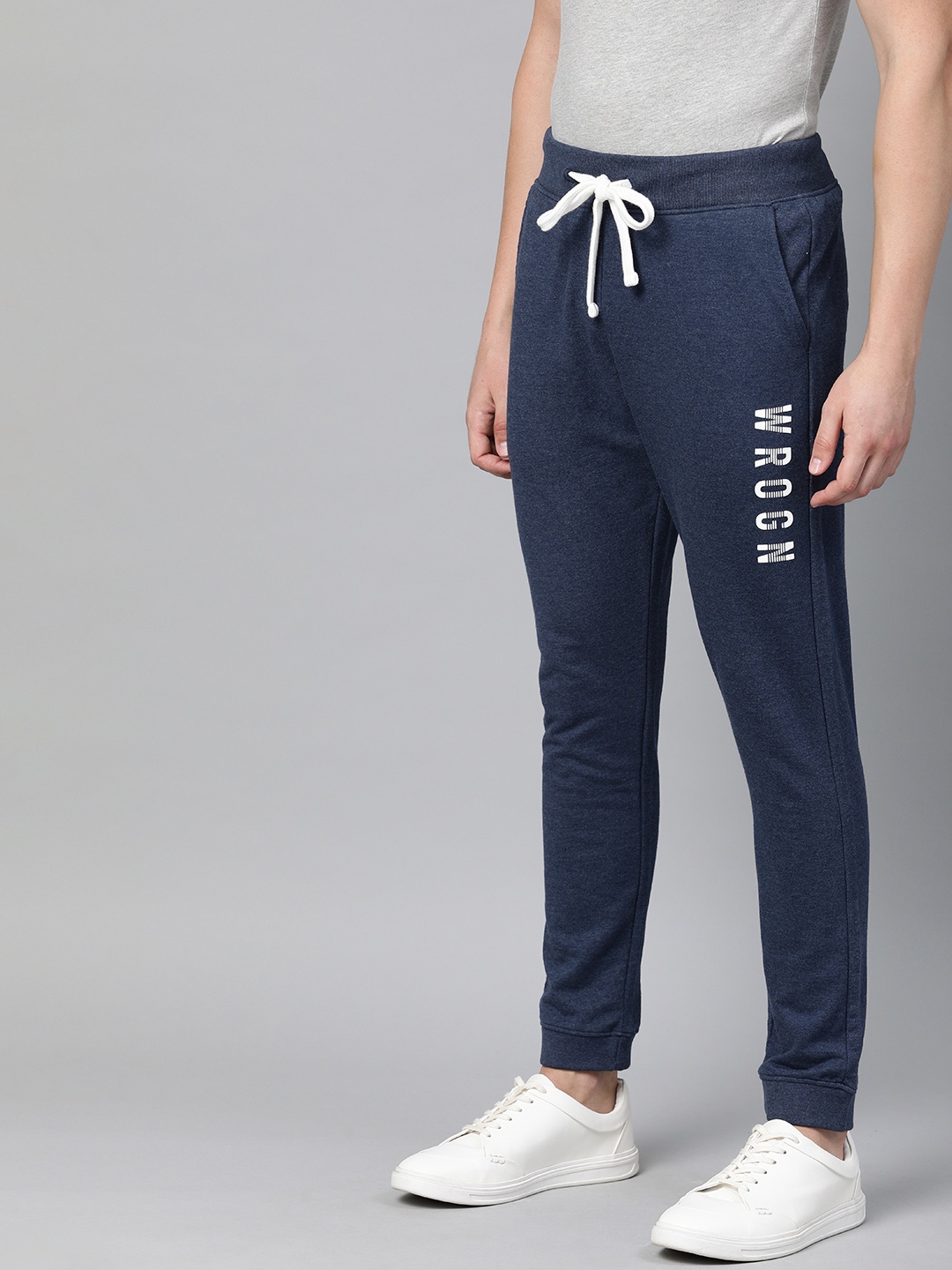 

WROGN Men Navy Blue Solid Straight Fit Joggers With Printed Detailing