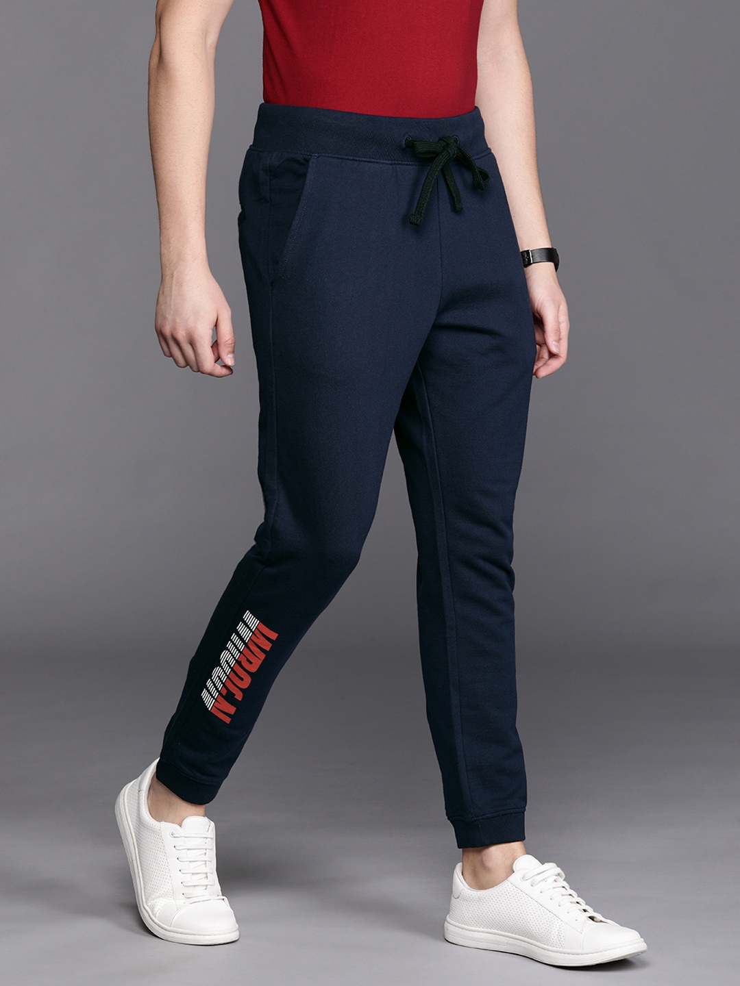 

WROGN Men Navy Blue Slim Fit Solid Joggers With Printed Detailing