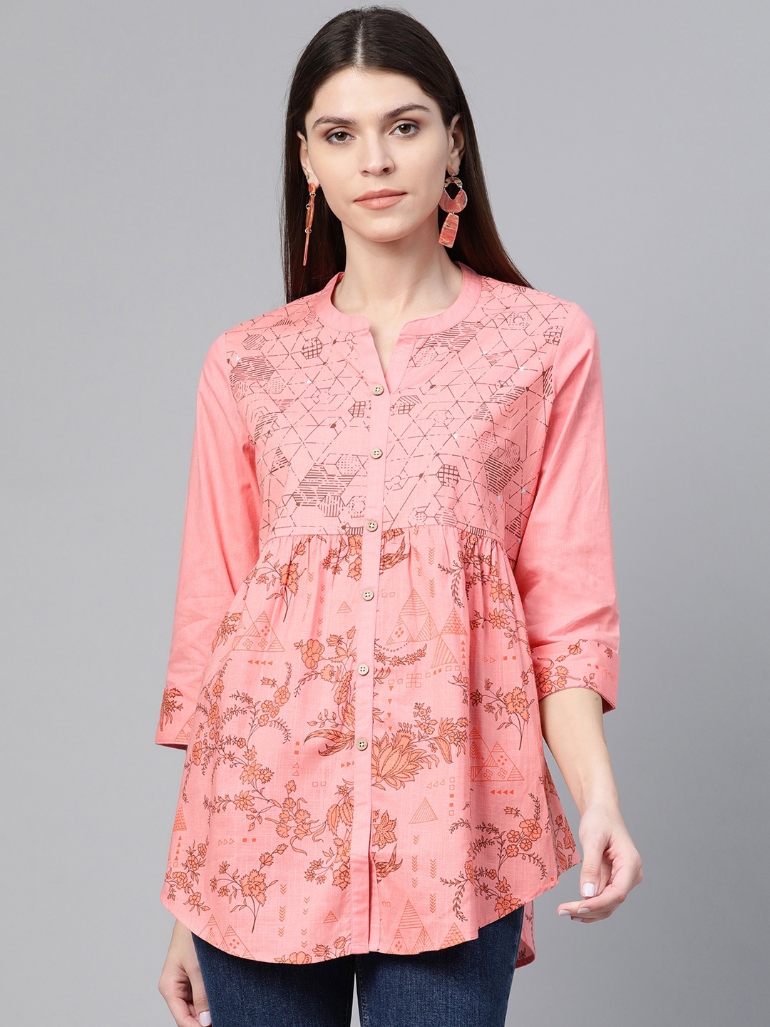 

Rangriti Women Peach-Coloured & Brown Floral Printed A-Line Pure Cotton Top