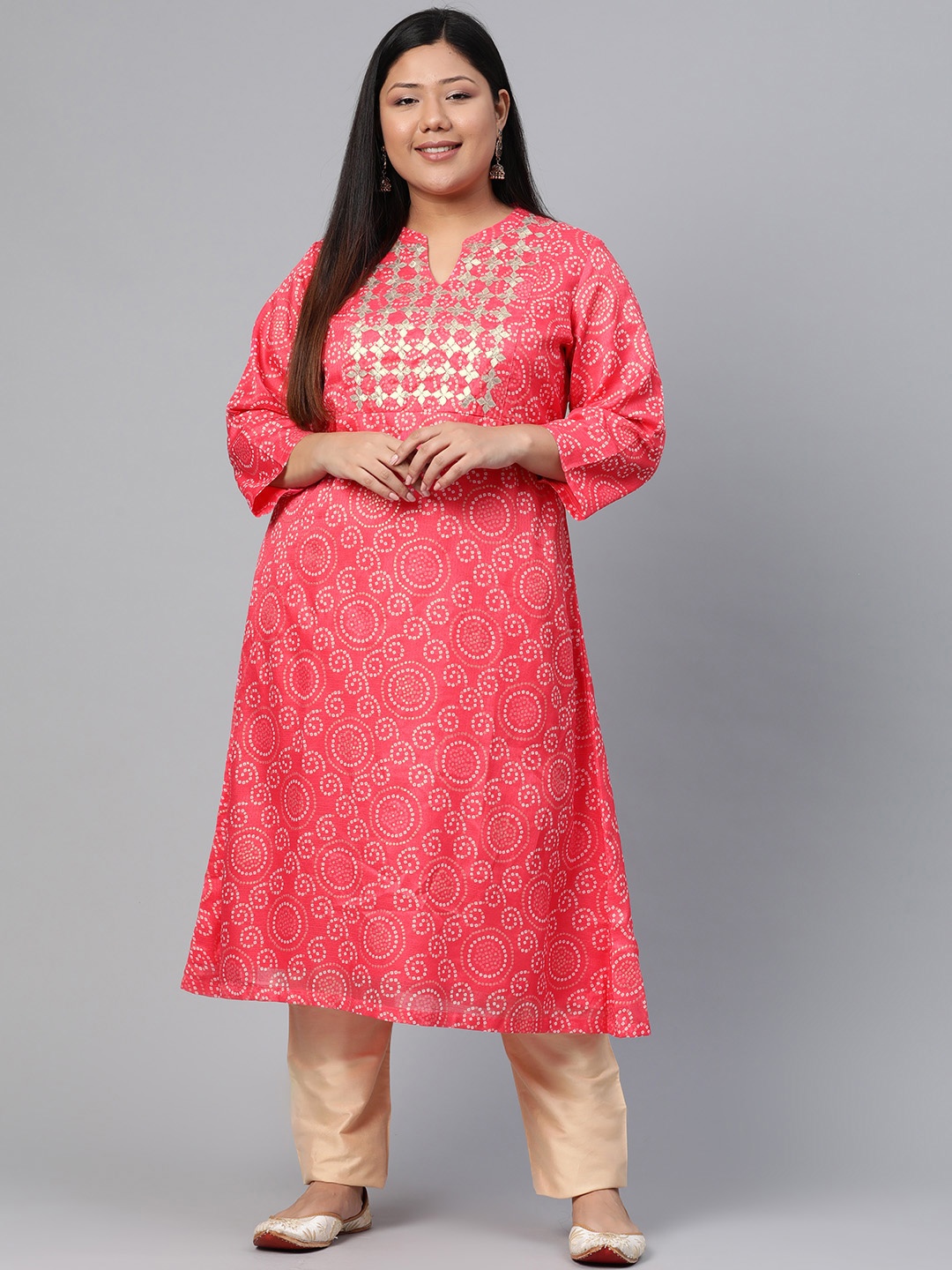 

Rangriti Women Pink and White Bandhani Printed A-Line Kurta
