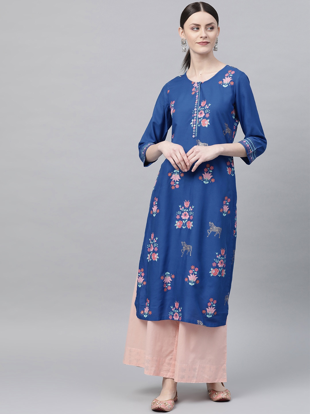

Rangriti Women Blue & Pink Printed Straight Kurta
