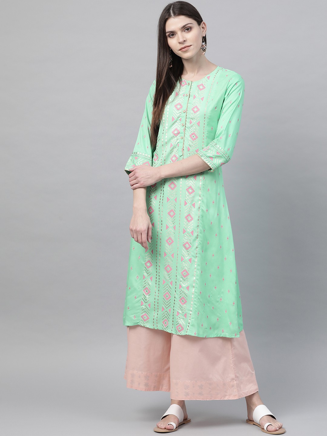 

Rangriti Women Green & Pink Foil Print A-Line Kurta
