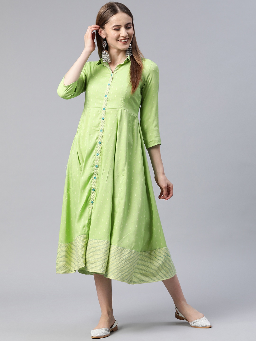 

Rangriti Women Printed Ethnic Shirt Dress with Pockets, Green