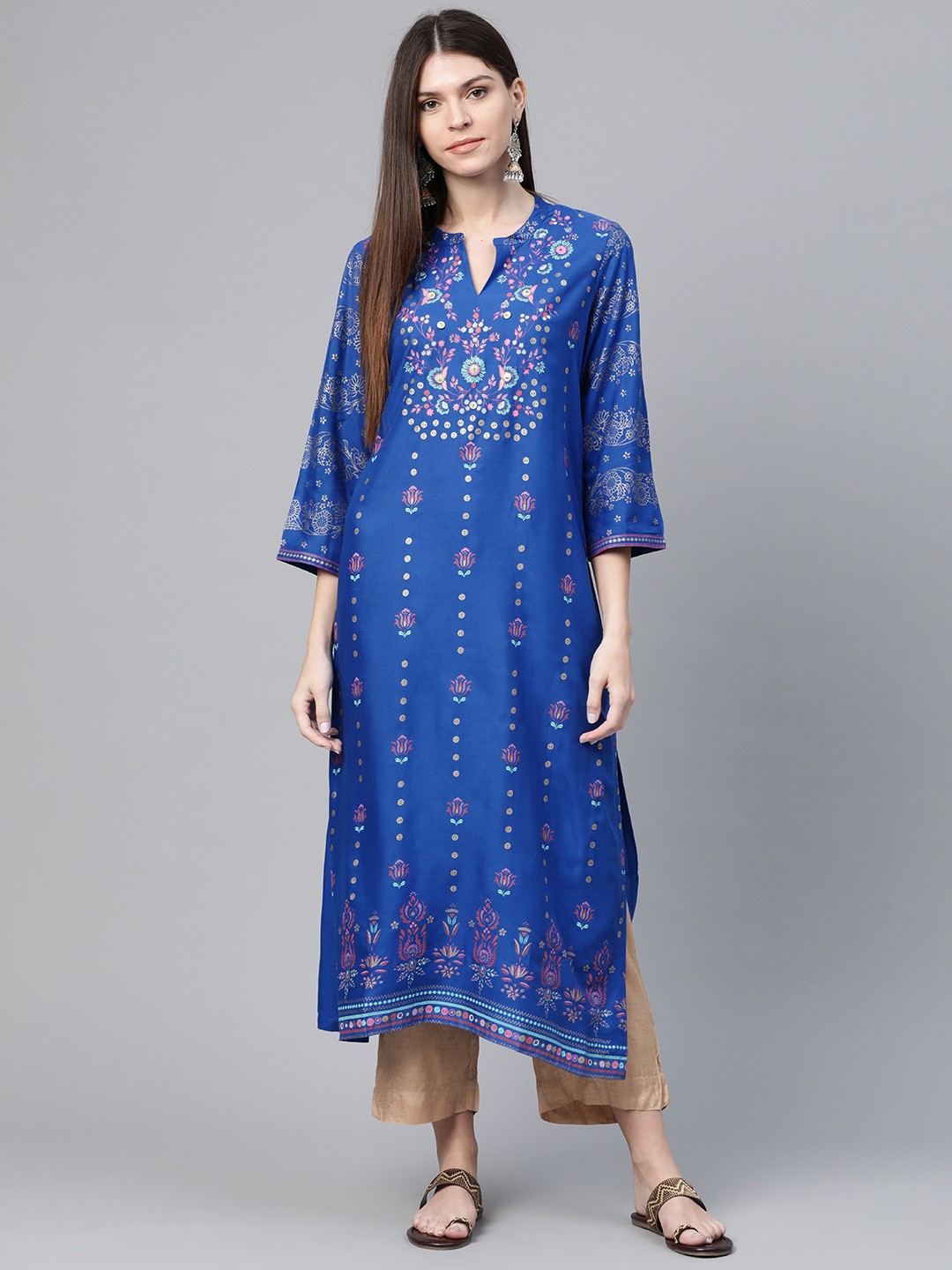

Rangriti Women Blue & Pink Printed Straight Kurta