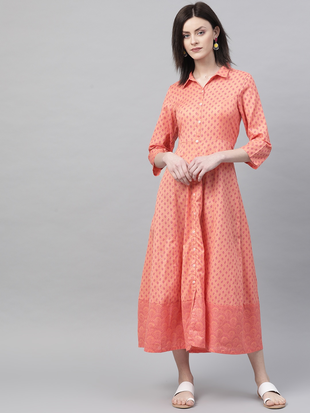 

Rangriti Women Peach-Coloured & Pink Printed Maxi Shirt Dress