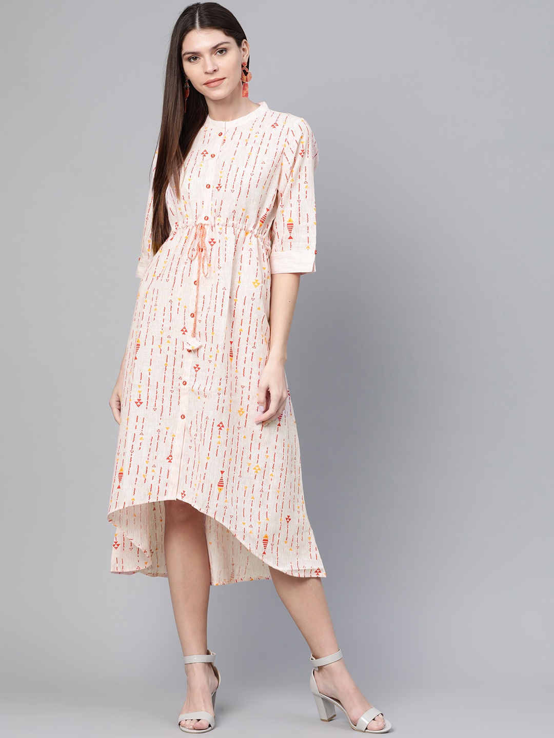 

Rangriti Women Off-White & Orange Printed A-Line Dress