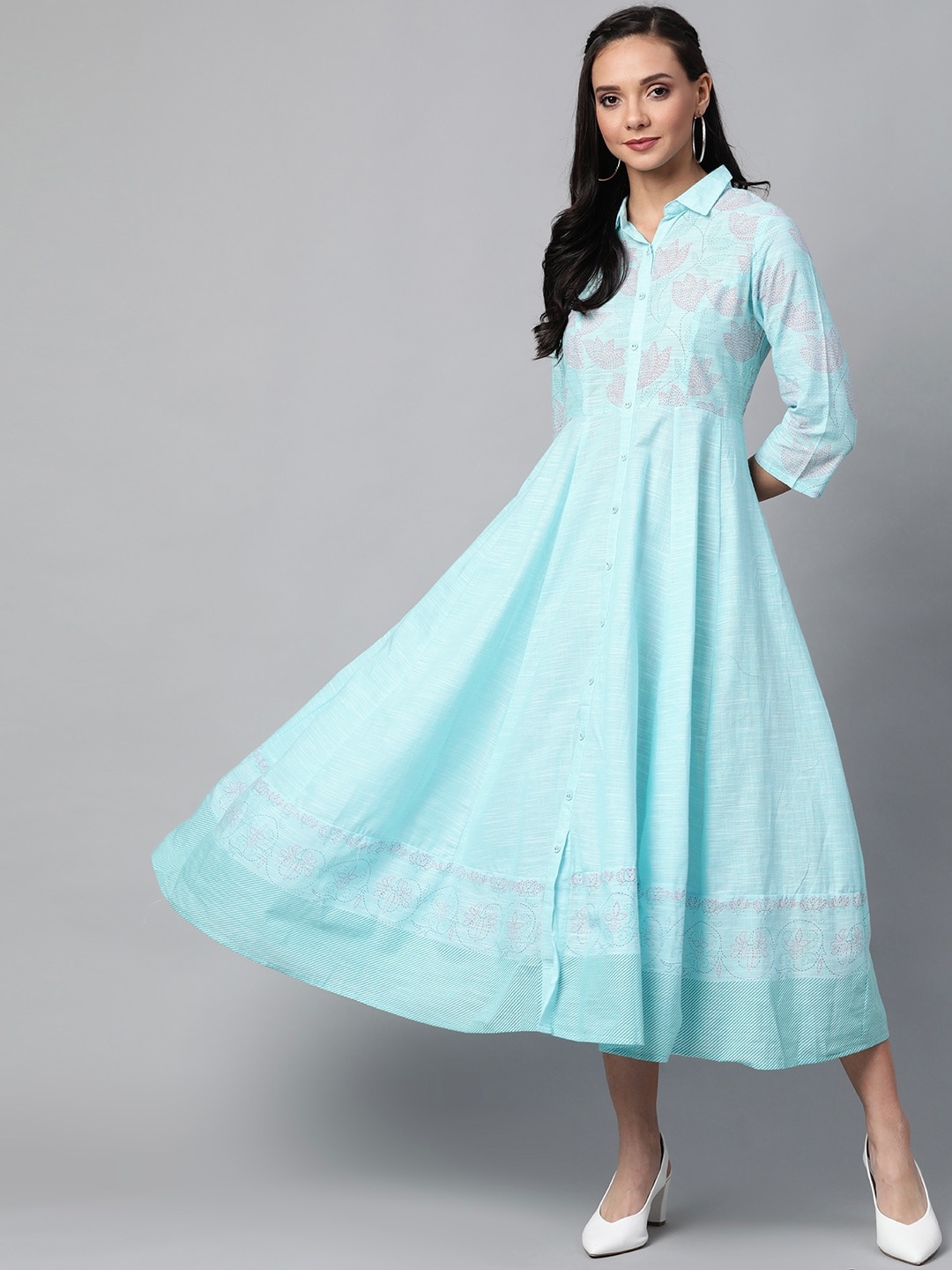 

Rangriti Women Blue & Pink Floral Print Midi A-Line Dress