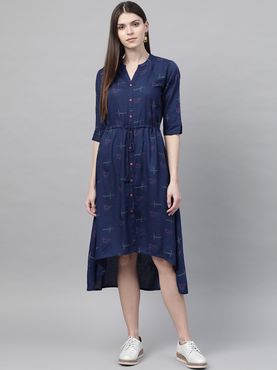 

Rangriti Women Navy Blue & Pink Printed A-Line Dress