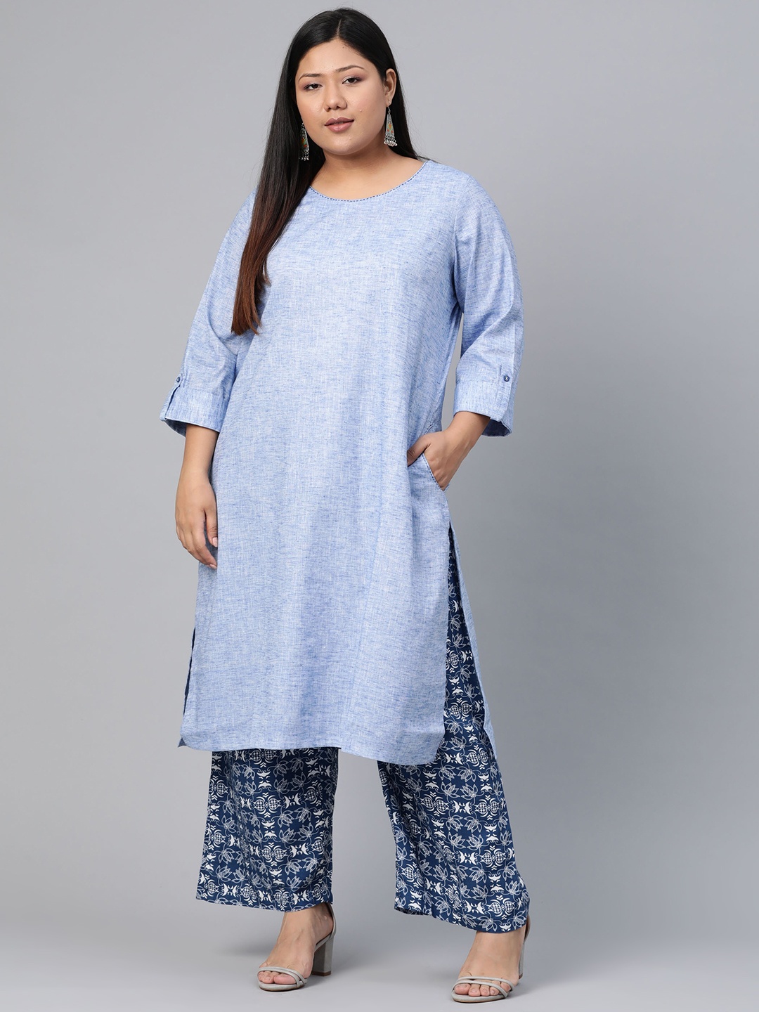 

Rangriti Women Blue & White Self Design Kurta with Palazzos
