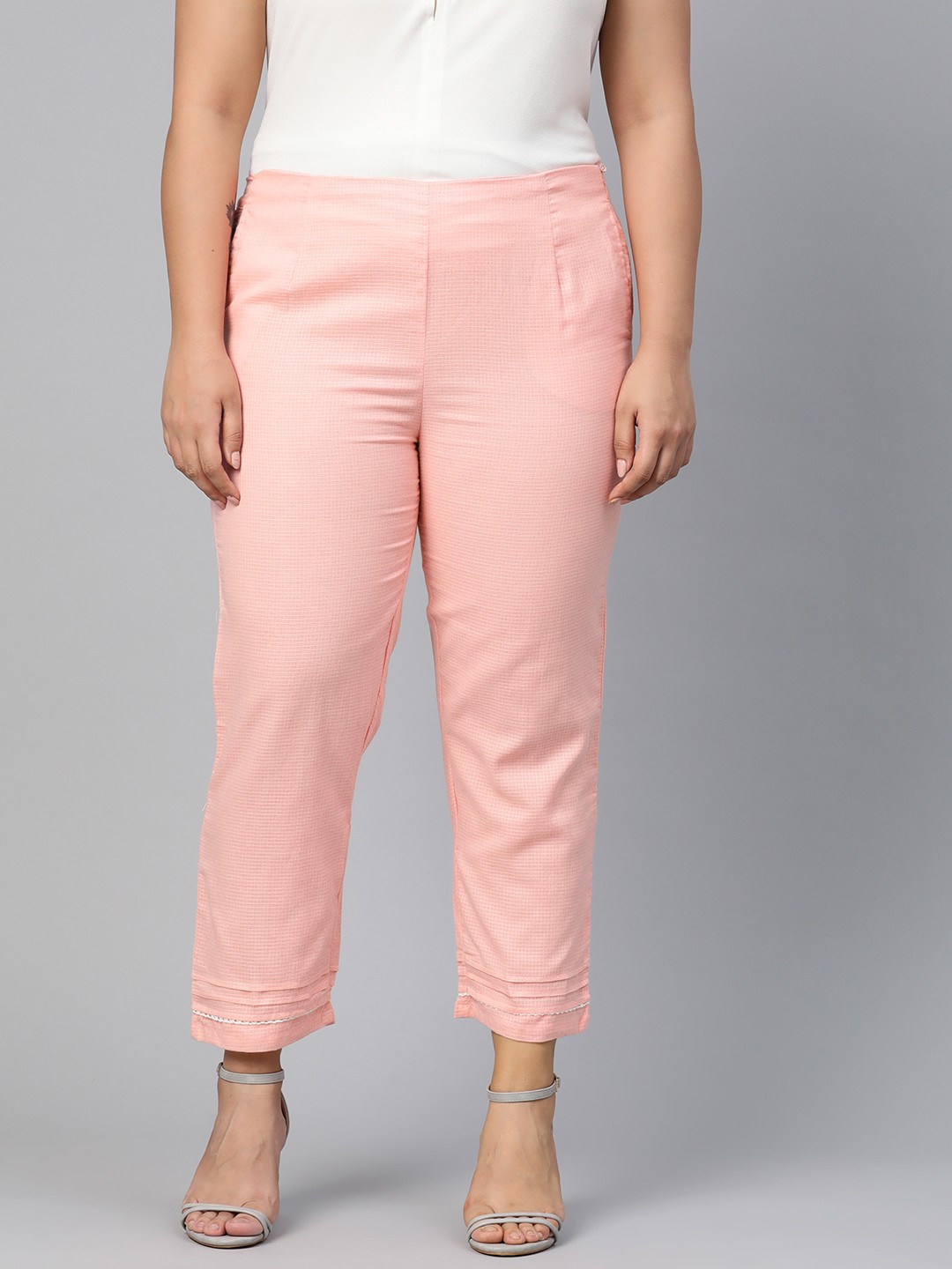 

Rangriti Women Peach-Coloured Straight Fit Self-Checked Regular Trousers