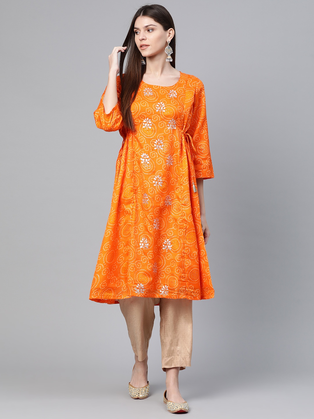 

Rangriti Women Orange & Silver Bandhani Print A-Line Kurta