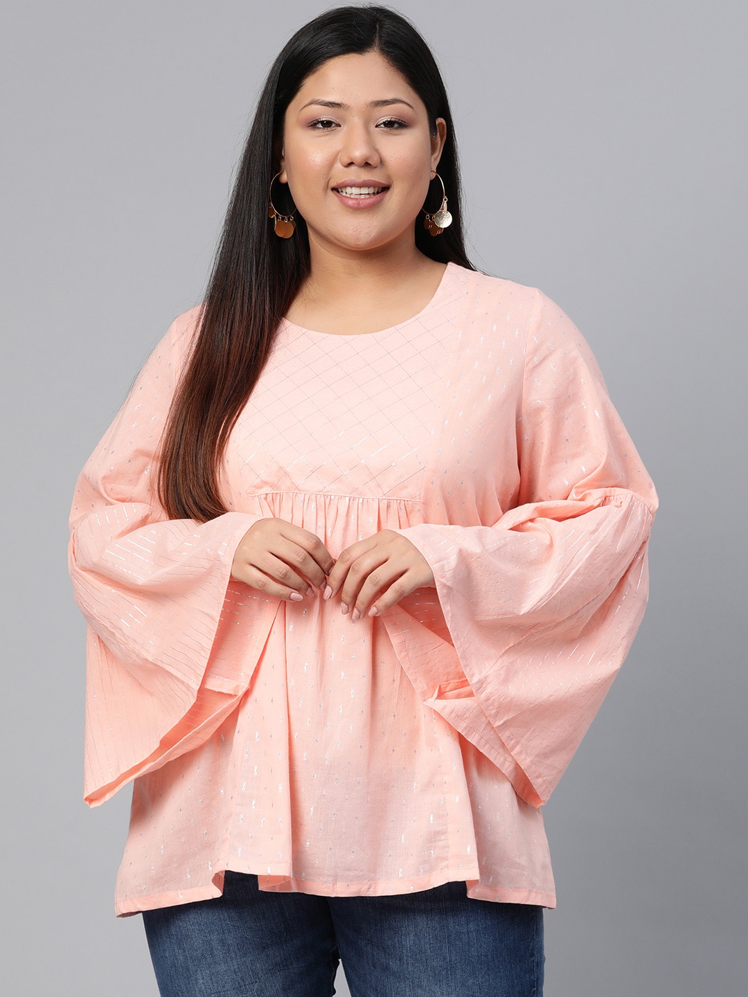 

Rangriti Women Peach-Coloured & Silver Printed Empire Top