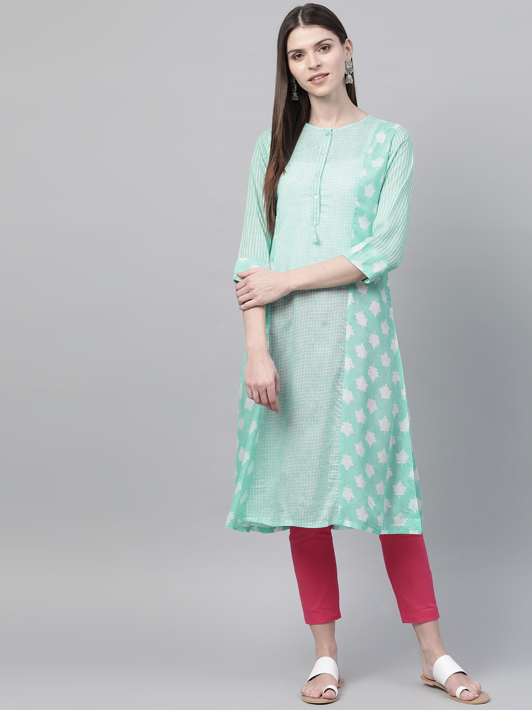 

Rangriti Women Sea Green & White Printed Semi-Sheer A-Line Kurta