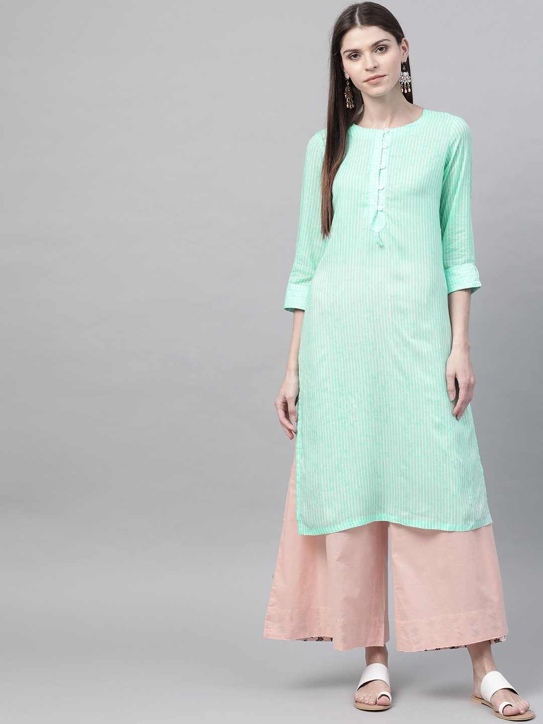

Rangriti Women Sea Green & White Striped Straight Kurta