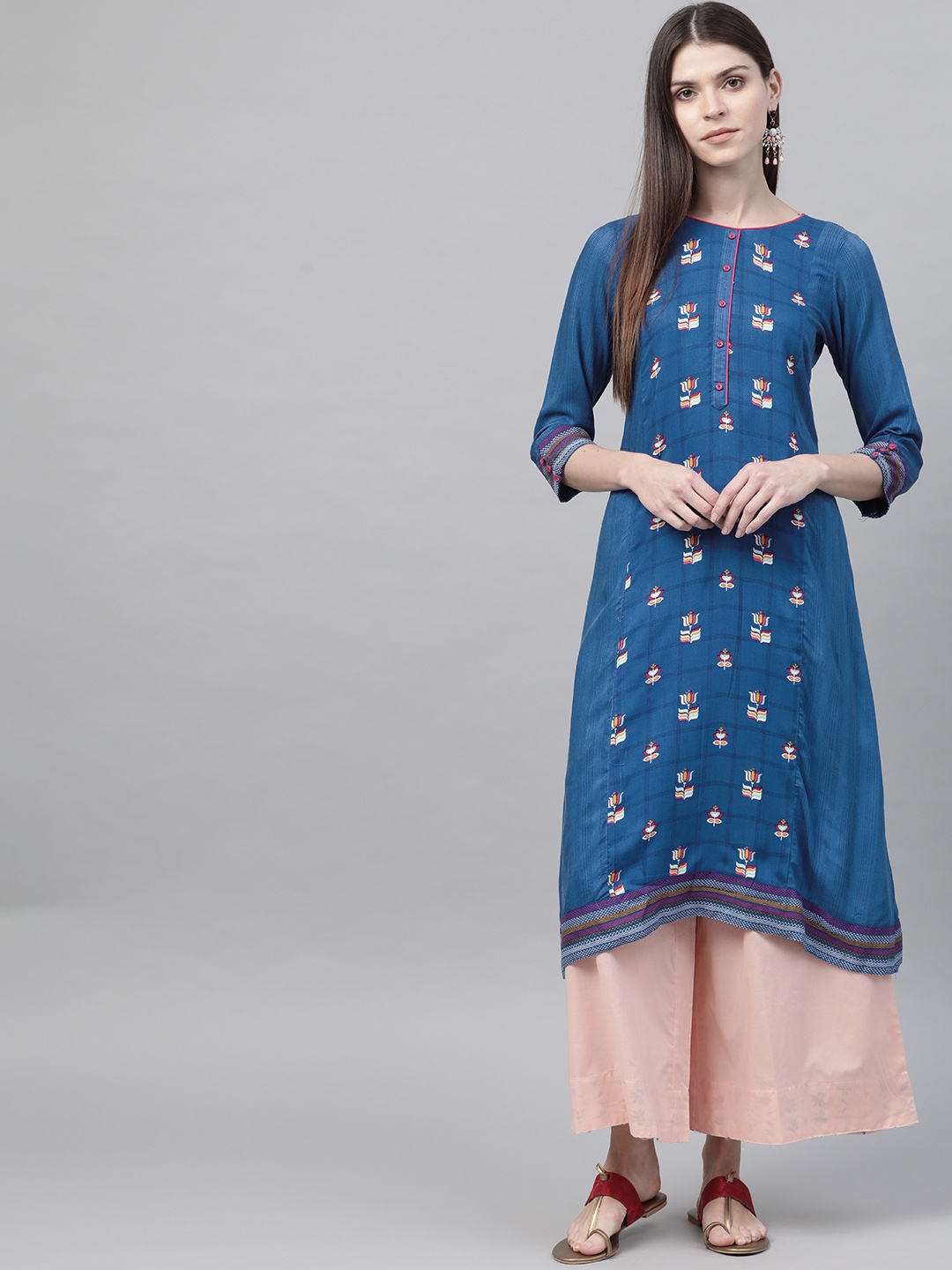 

Rangriti Women Navy Blue & Pink Printed A-Line Kurta