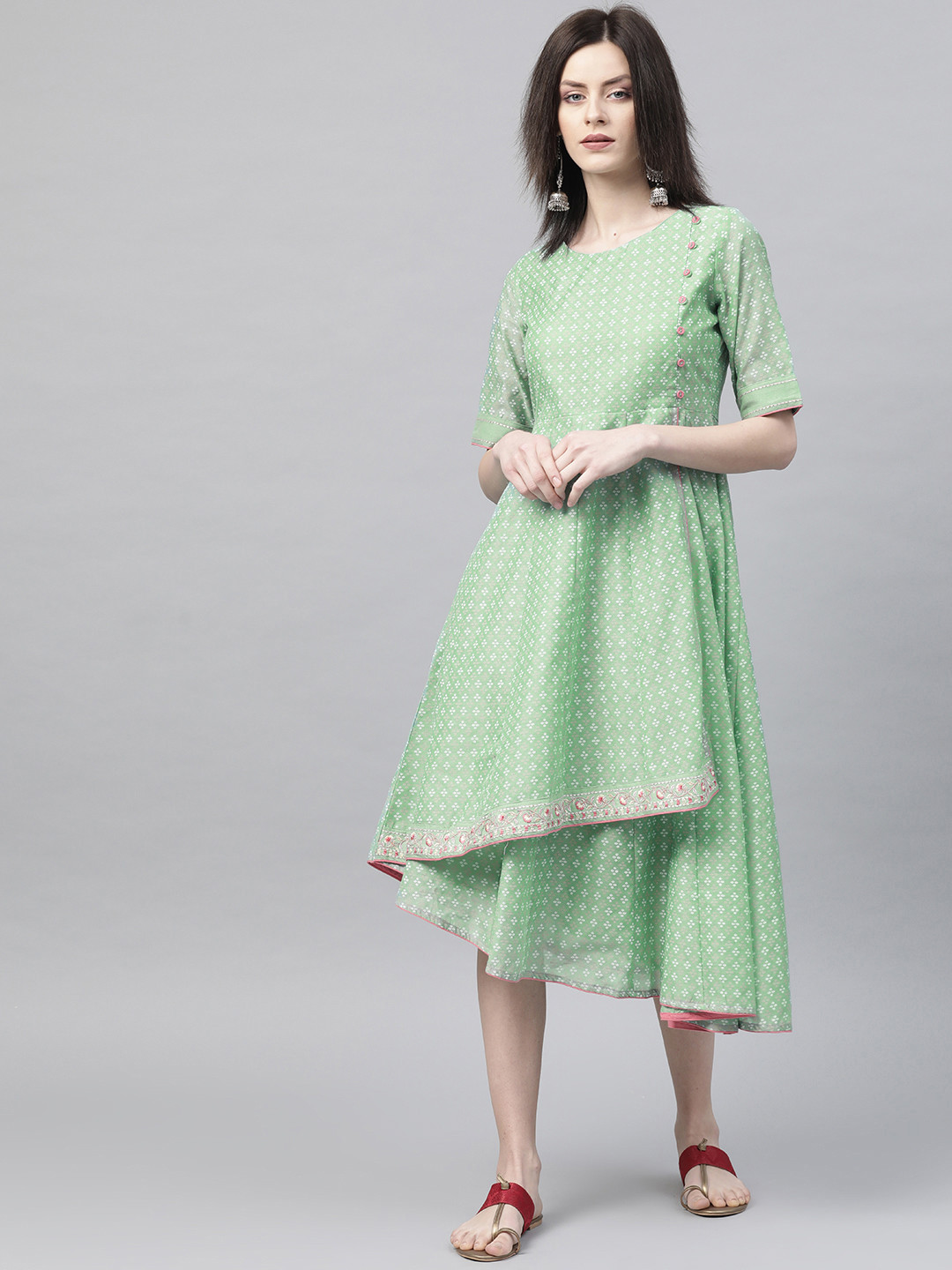 

Rangriti Women Green & White Printed A-Line Dress