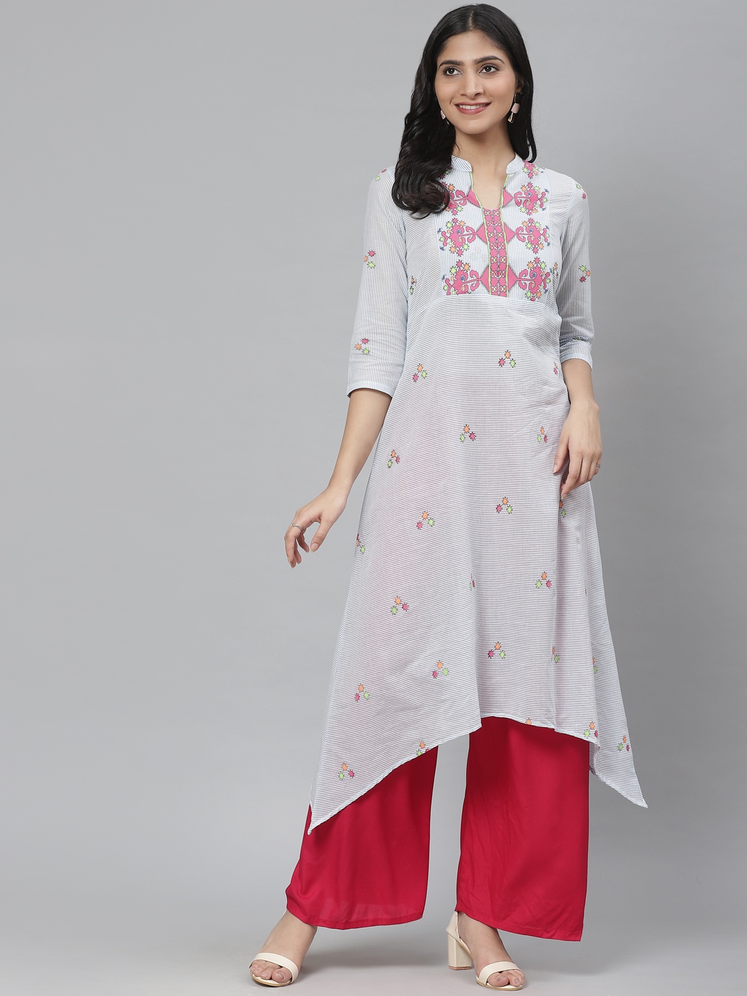 

Rangriti Women Blue & White Ethnic Print Detail Striped Asymmetric A-Line Kurta