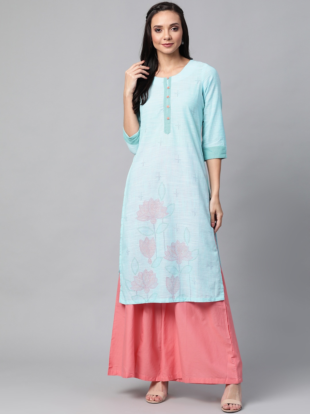 

Rangriti Women Blue & Pink Printed Straight Kurta