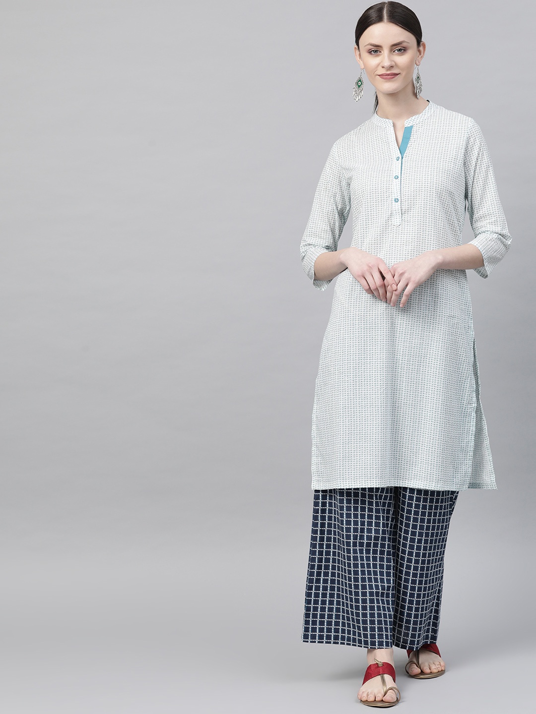 

Rangriti Women White & Green Printed Straight Kurta