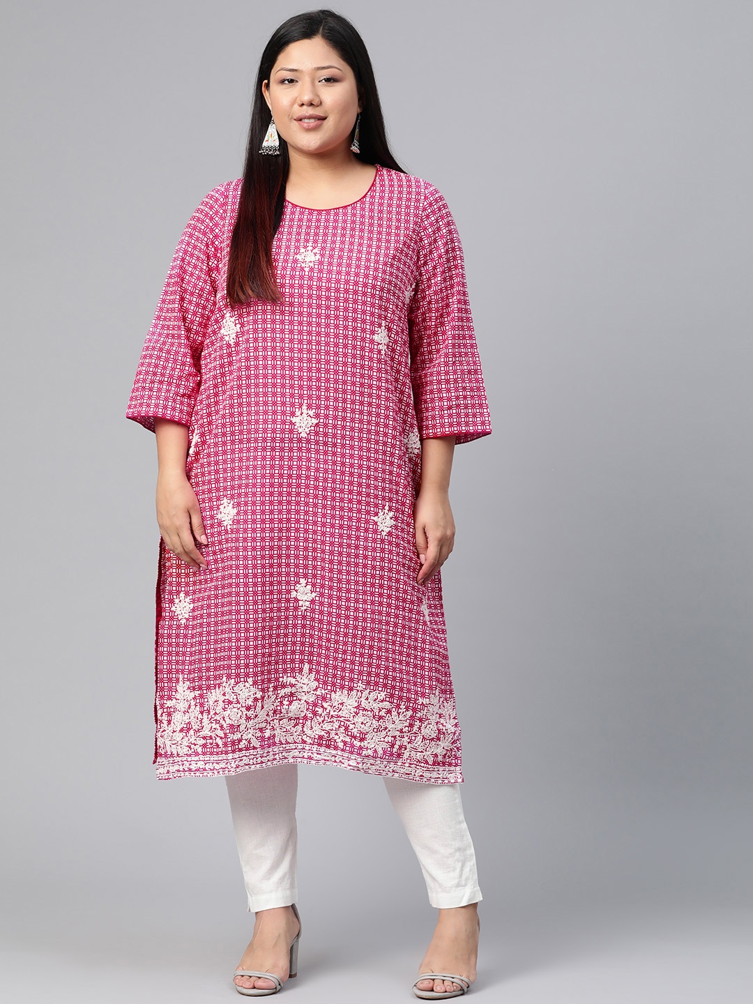 

Rangriti Women Pink & White Printed Straight Kurta