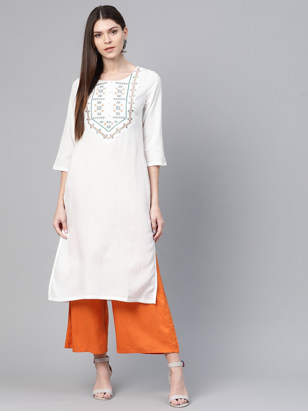 

Rangriti Women White Yoke Design Straight Kurta
