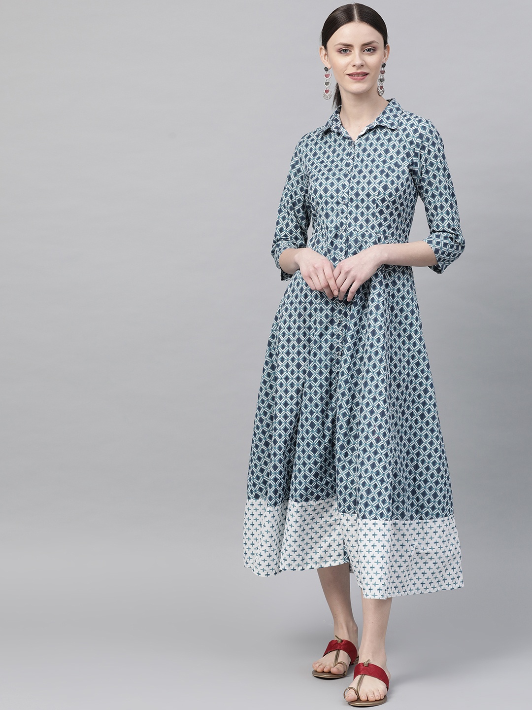 

Rangriti Women Teal Blue & White Printed Shirt Dress