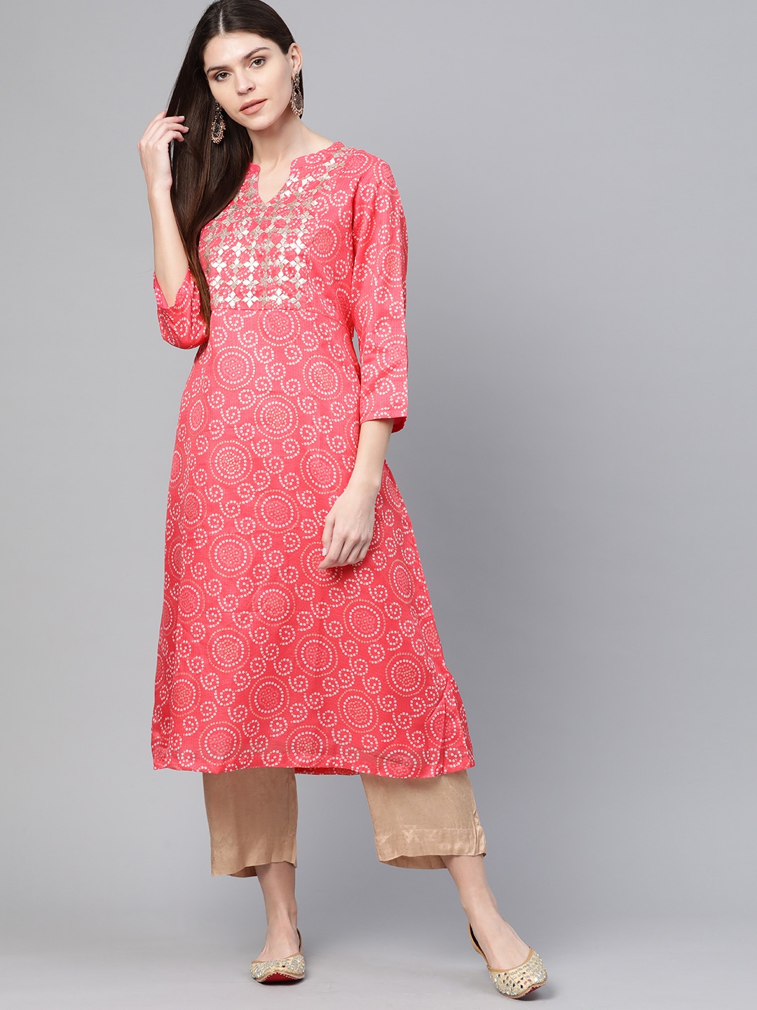 

Rangriti Women Pink & White Bandhani Printed A-Line Kurta