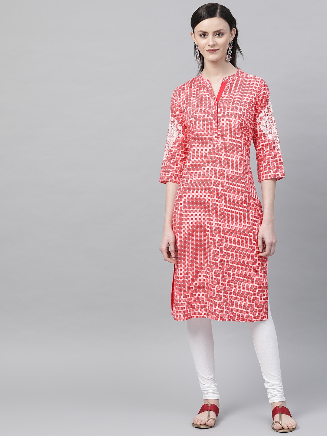 

Rangriti Women White & Red Printed Straight Kurta