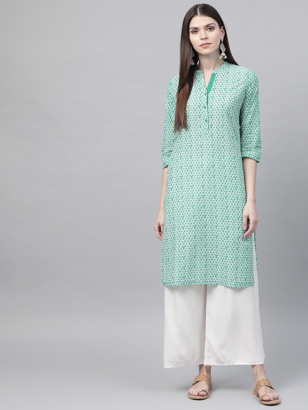 

Rangriti Women Green & White Printed Straight Kurta