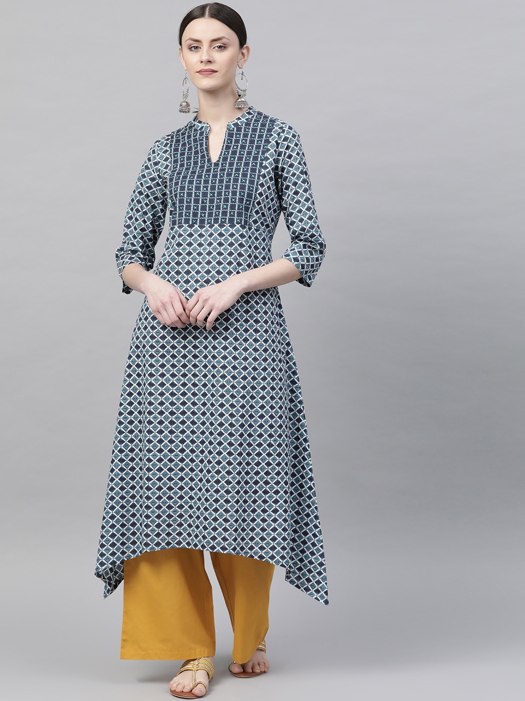 

Rangriti Women Blue & White Printed A-Line Asymmetric Kurta